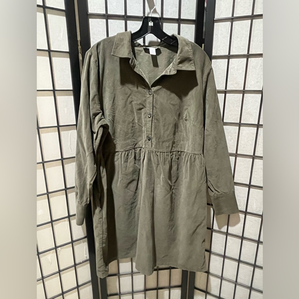 NINE WEST Olive Green Button-Up BODICE BABYDOLL Shirt WAIST Dress WOMEN SIZE XL - Picture 9 of 10